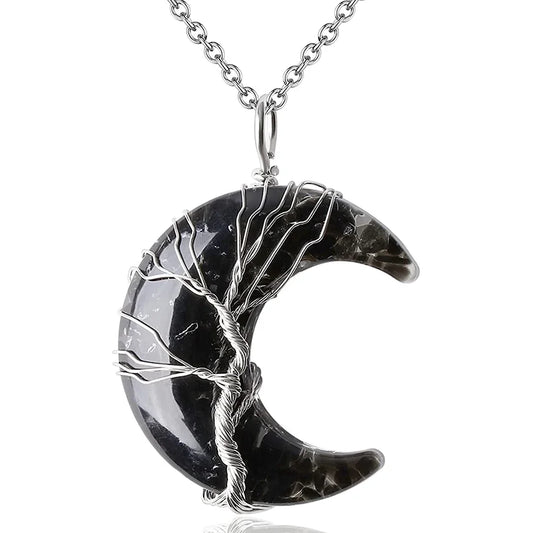 Collier Lune Arbre de vie en Obsidienne Noire