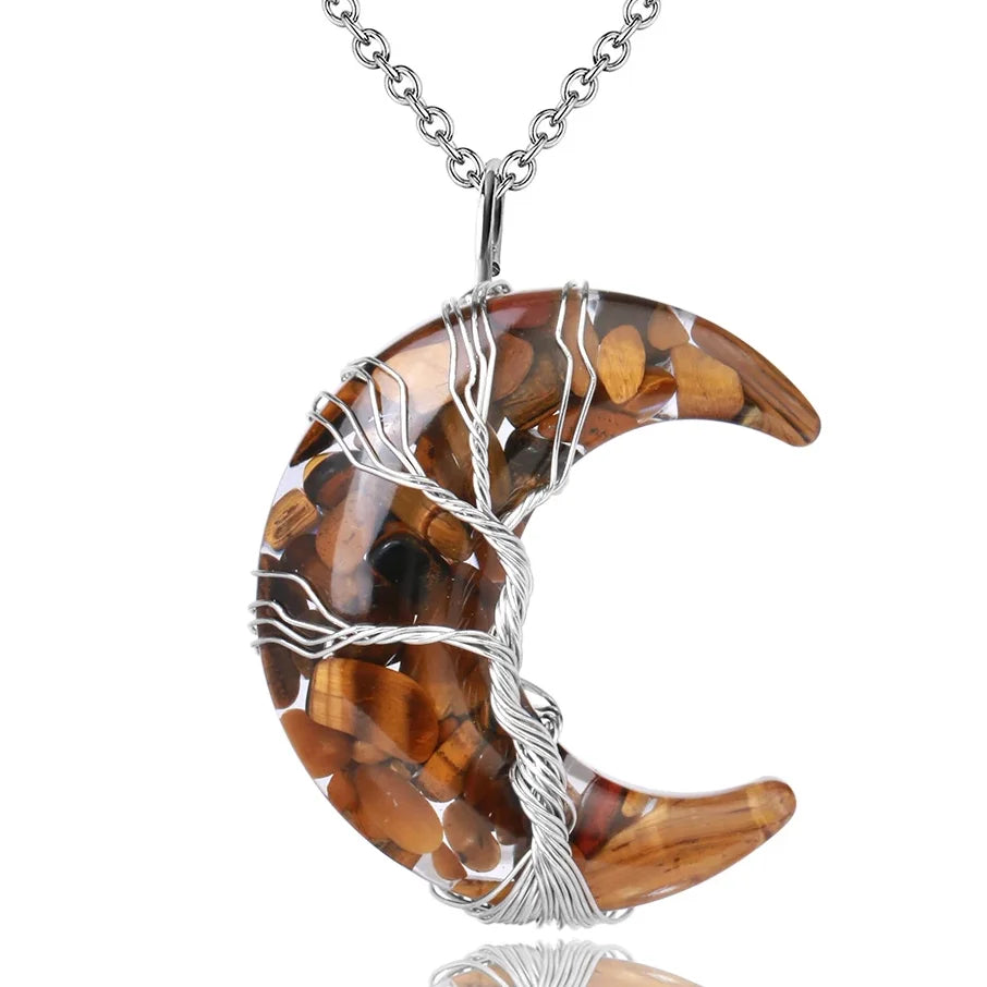 Collier Lune Arbre de vie en Oeil de Tigre