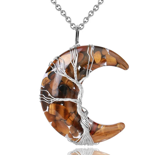 Collier Lune Arbre de vie en Oeil de Tigre