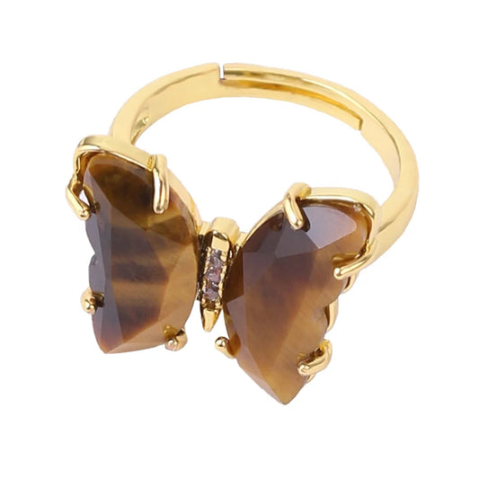 Bague dorée Papillon en Oeil de Tigre
