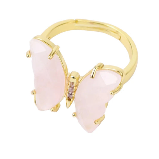 Bague dorée Papillon en Quartz Rose