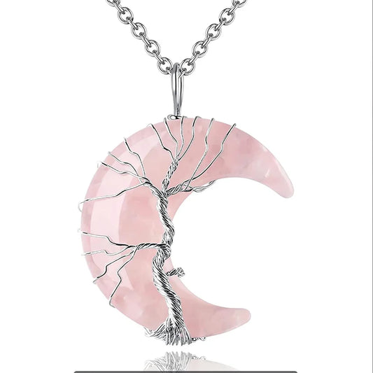 Collier Lune Arbre de vie en Quartz Rose